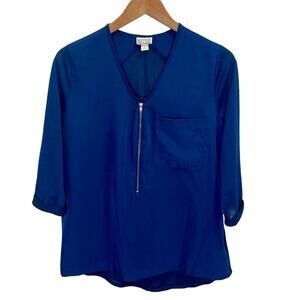 Converse Y2K Blue Half Zipper Mixed Media Blouse V-neck Size Large 3/4 Sleeve